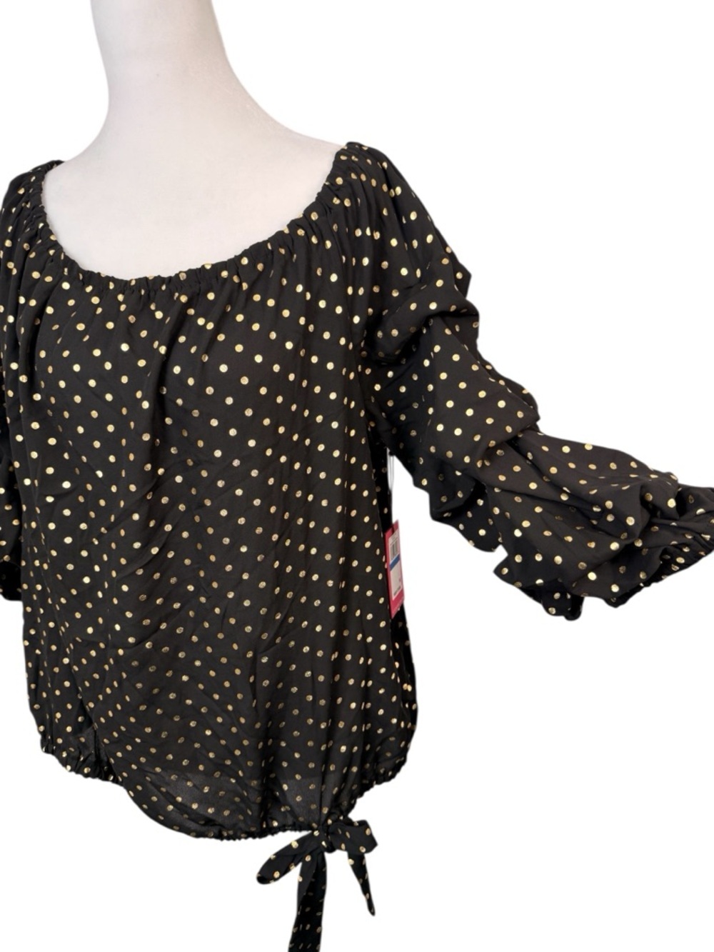 Vince Camuto, Black and Gold Polka Dot Off the Shoulder Blouse, Size XL NWT - Picture 3 of 8